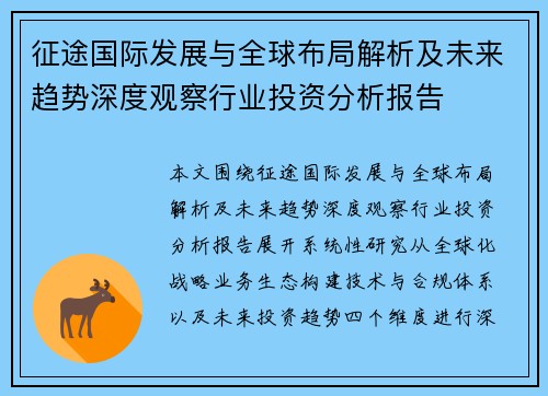 征途国际发展与全球布局解析及未来趋势深度观察行业投资分析报告