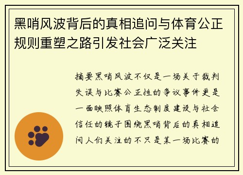 黑哨风波背后的真相追问与体育公正规则重塑之路引发社会广泛关注